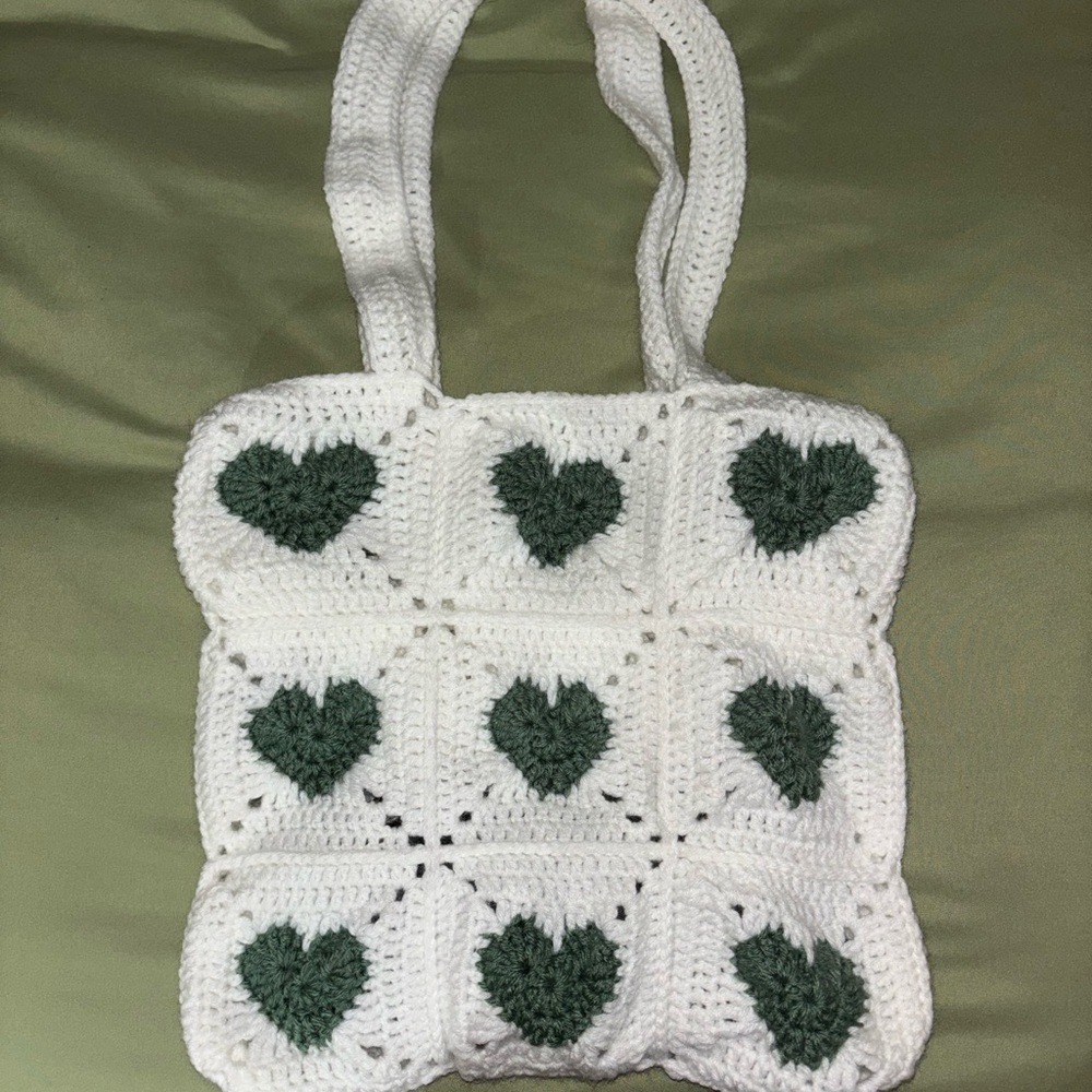 Handmade Crochet Heart Tote Bag - White and Green